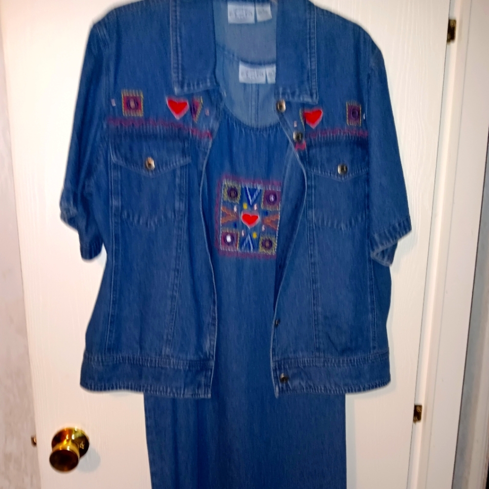 Carolina Colours Women's Denim long jumper dress w matching jacket hearts  guc